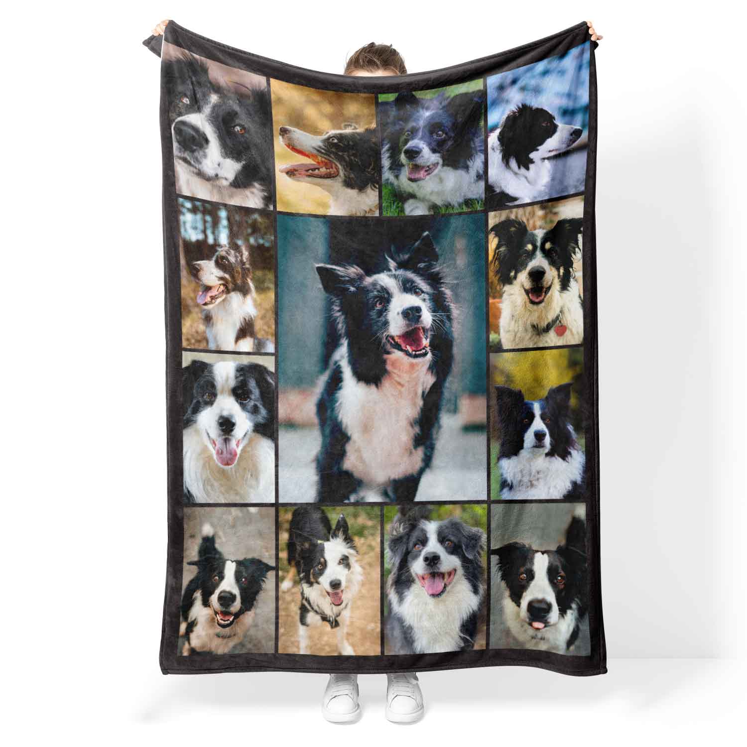 Blanket with multiple images of a dog held by a person on a white background