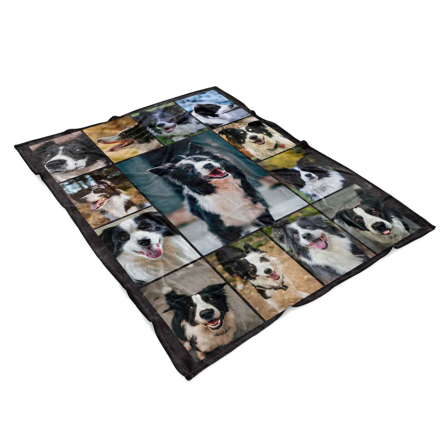 Blanket with multiple images of a dog on a white background