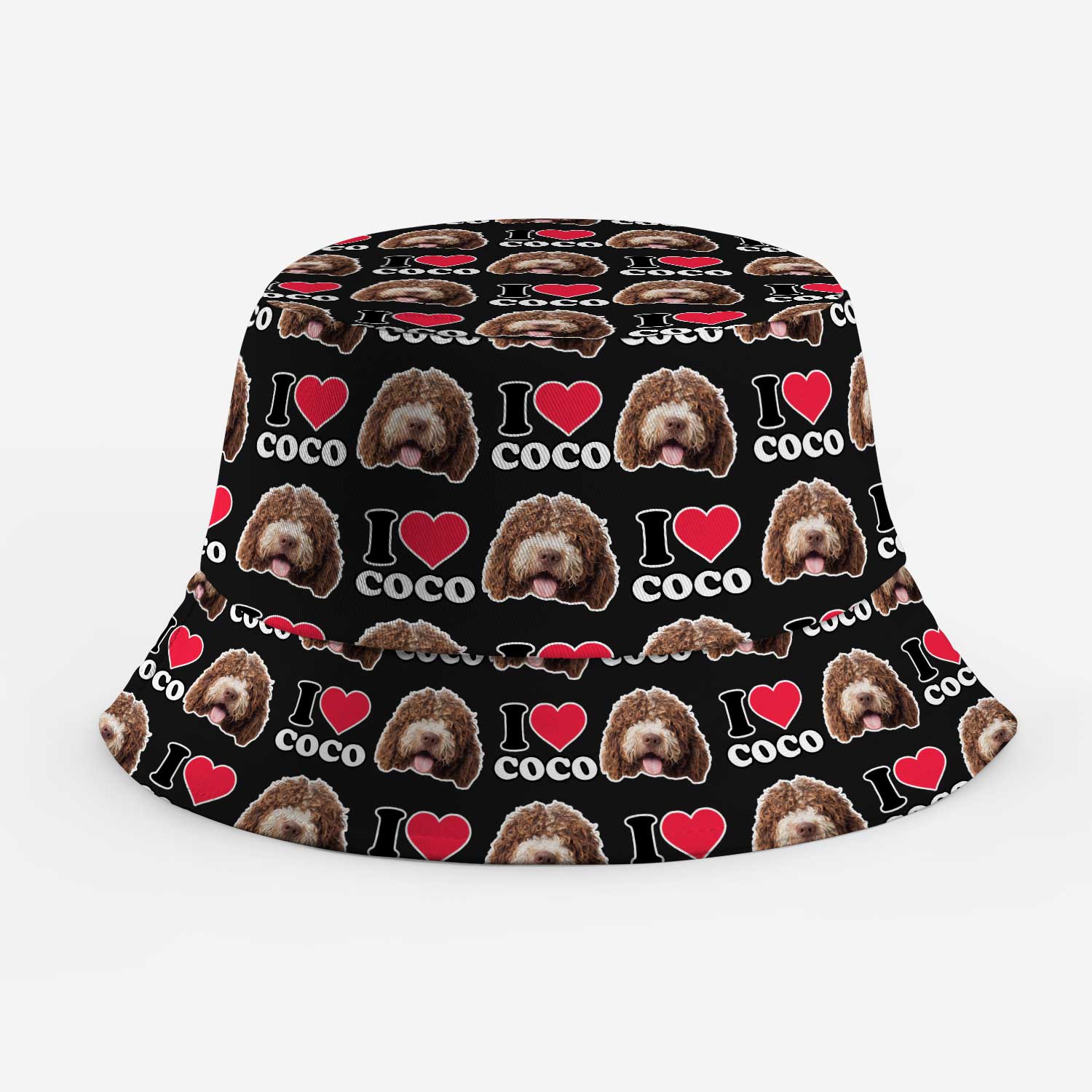 Bucket hat with 'I love Coco' text and dog pattern on a black background