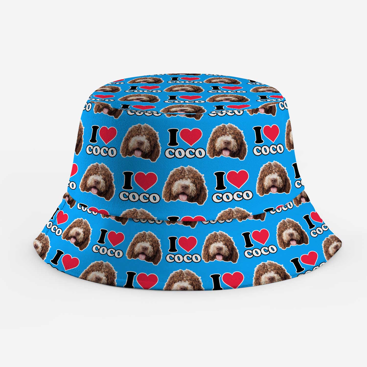 Bucket hat with 'I love Coco' pattern on a blue background