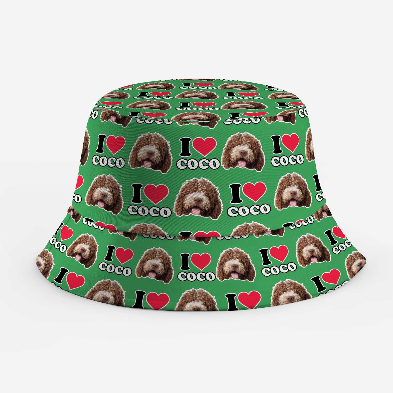 Green bucket hat with 'I love Coco' pattern on a white background