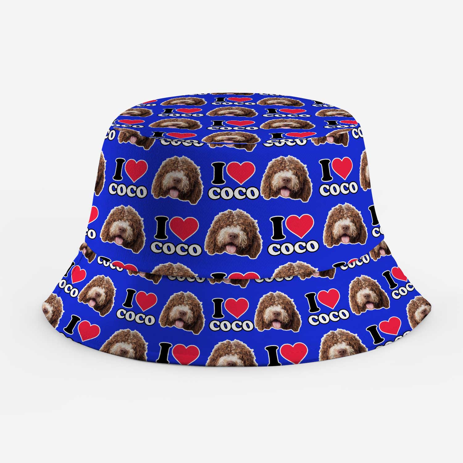 Bucket hat with 'I love Coco' pattern on a blue background