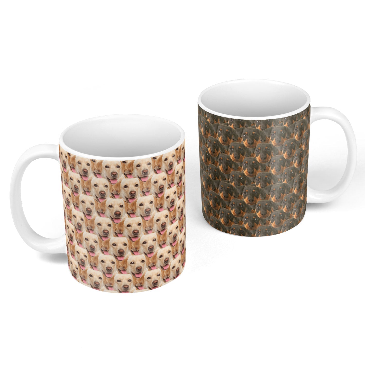 Two mugs with dog pattern designs on a white background
