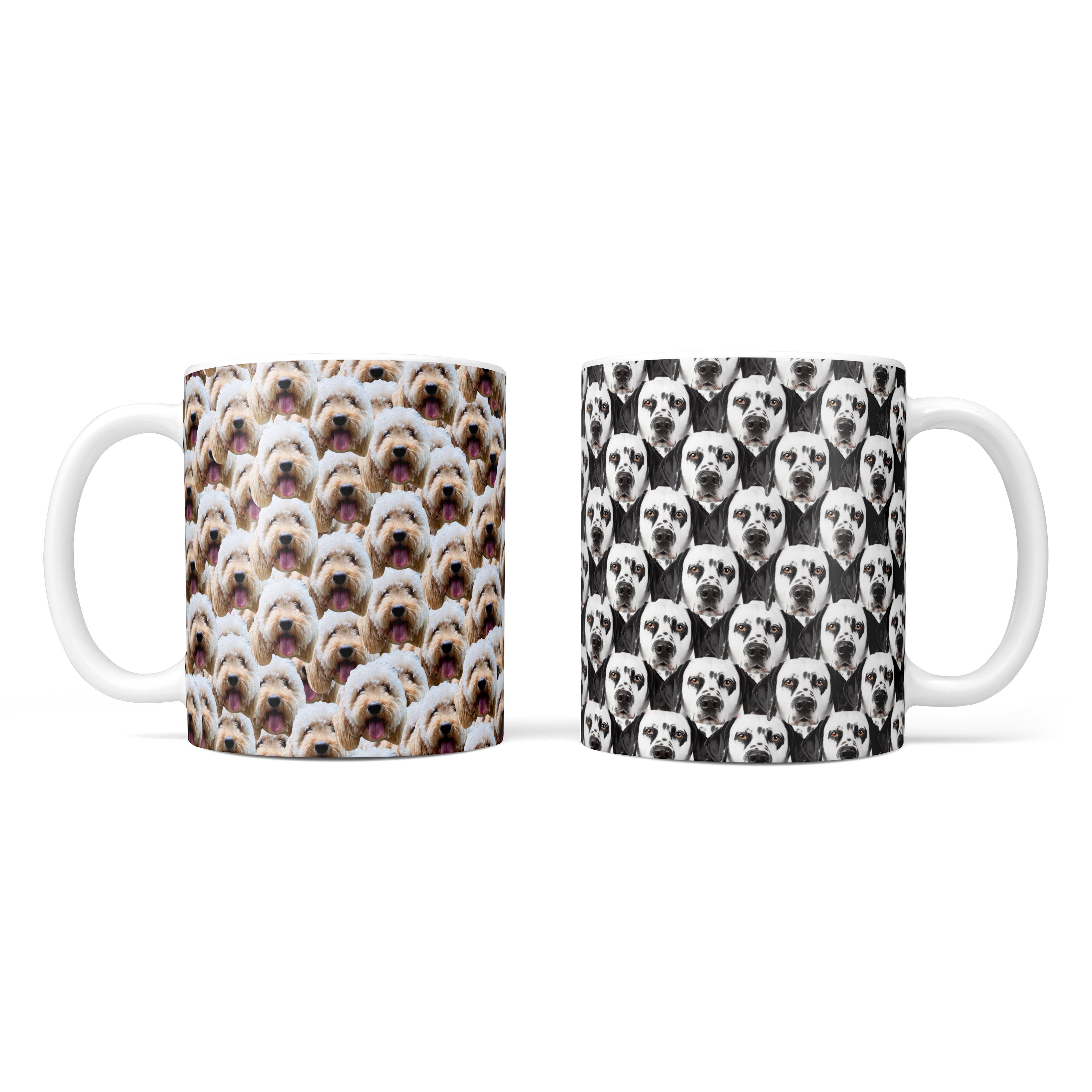Two mugs with dog pattern designs on a white background