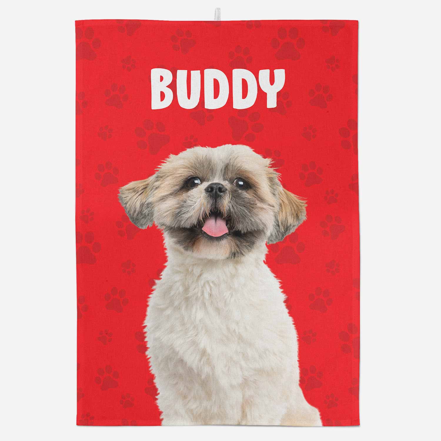 Dog towel with a dog's face and 'Buddy' text on a red background