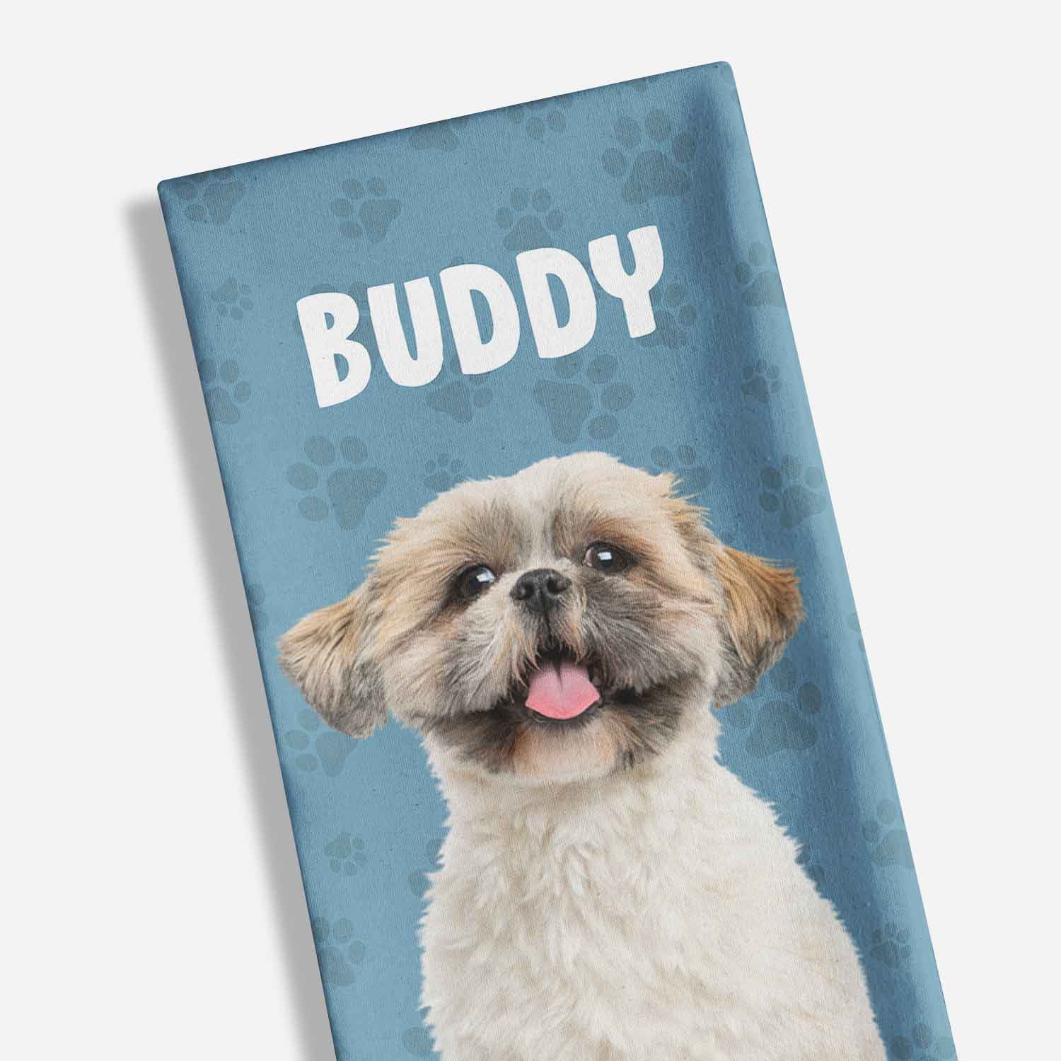 Pet bed with a dog's face and 'Buddy' text on a blue background