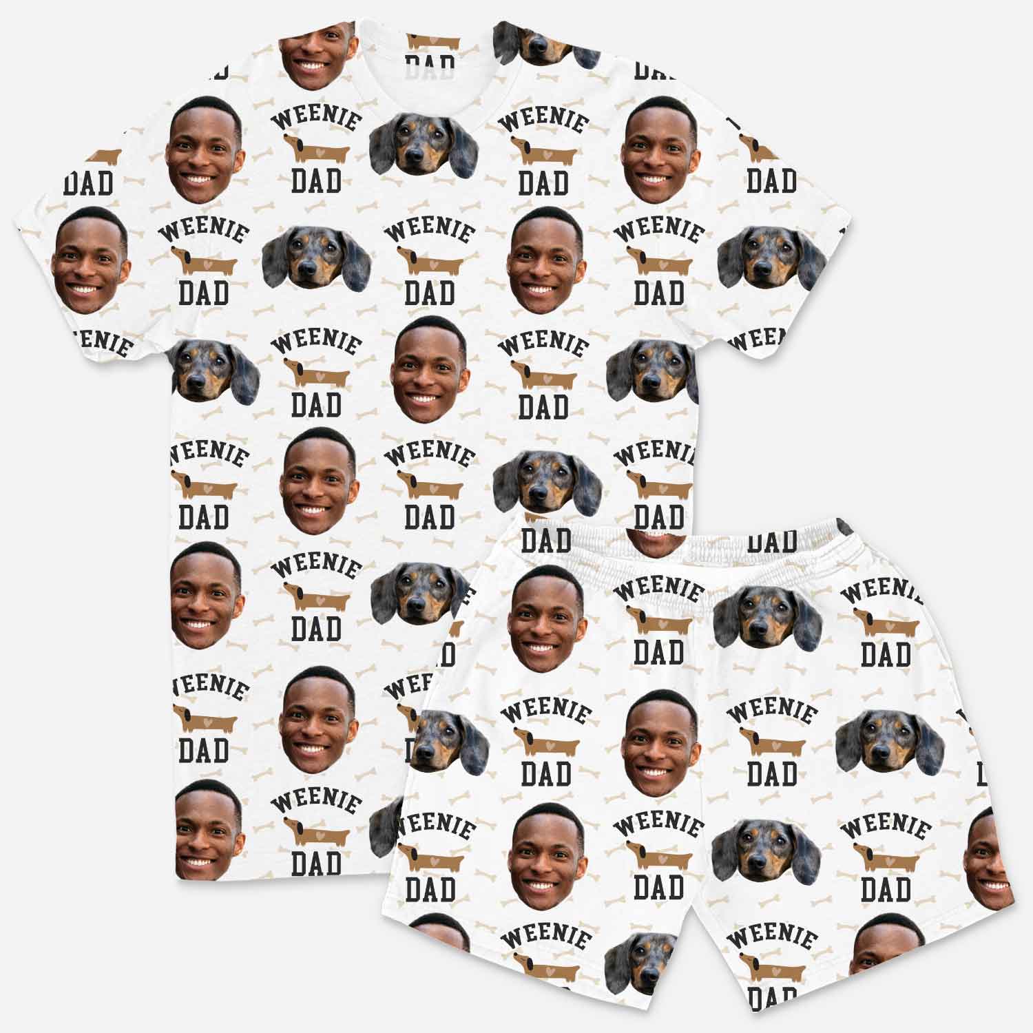 Pattern of 'Weenie Dad' t-shirts with a man's face and dog illustrations on a white background.