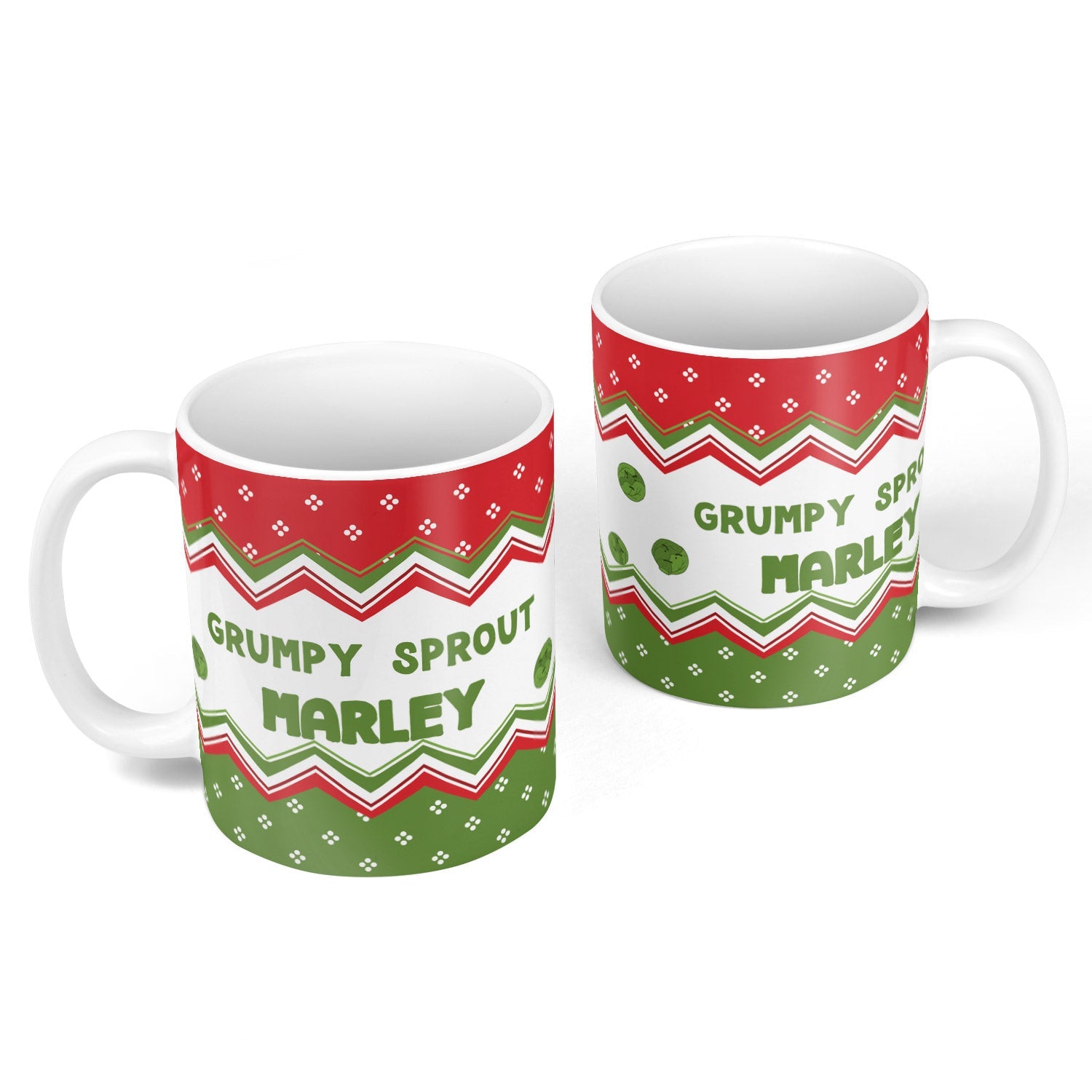 Two mugs with 'Grumpy Sprout Harley' design on a white background