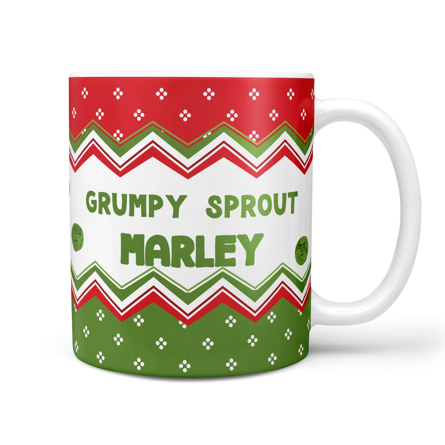 Mug with 'Grumpy Sprout Marley' text and red, green, and white pattern on a white background