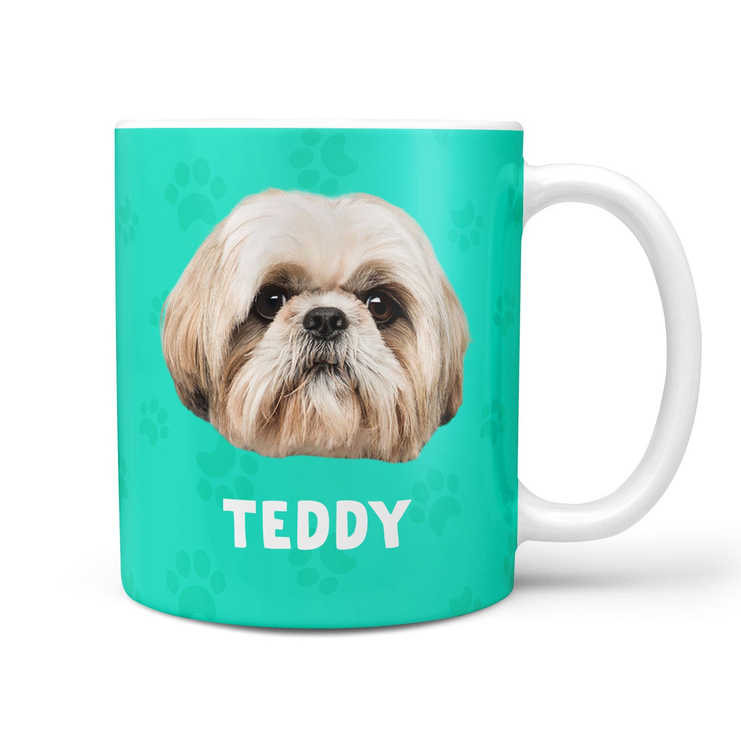 Turquoise mug with a dog's face and name 'Teddy' on a white background