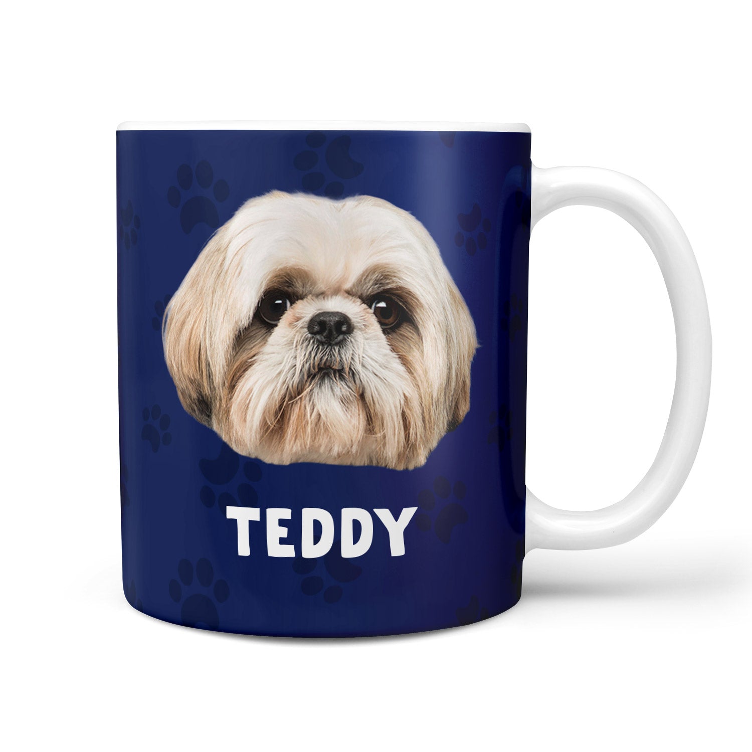 Mug with a dog's face and name 'Teddy' on a blue background