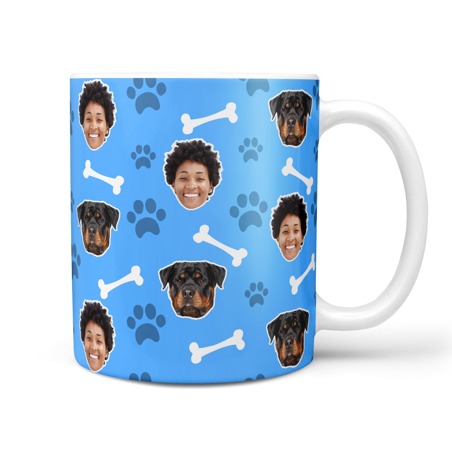 Mug with dog and person faces on a blue background