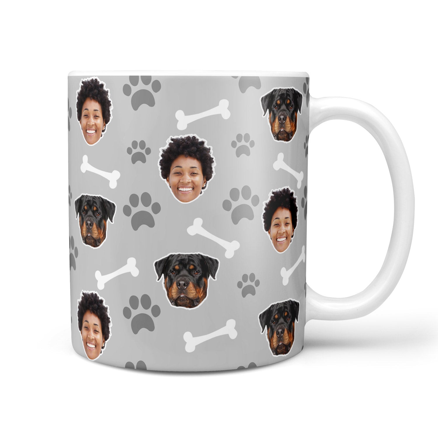 Mug with dog and person pattern on a gray background