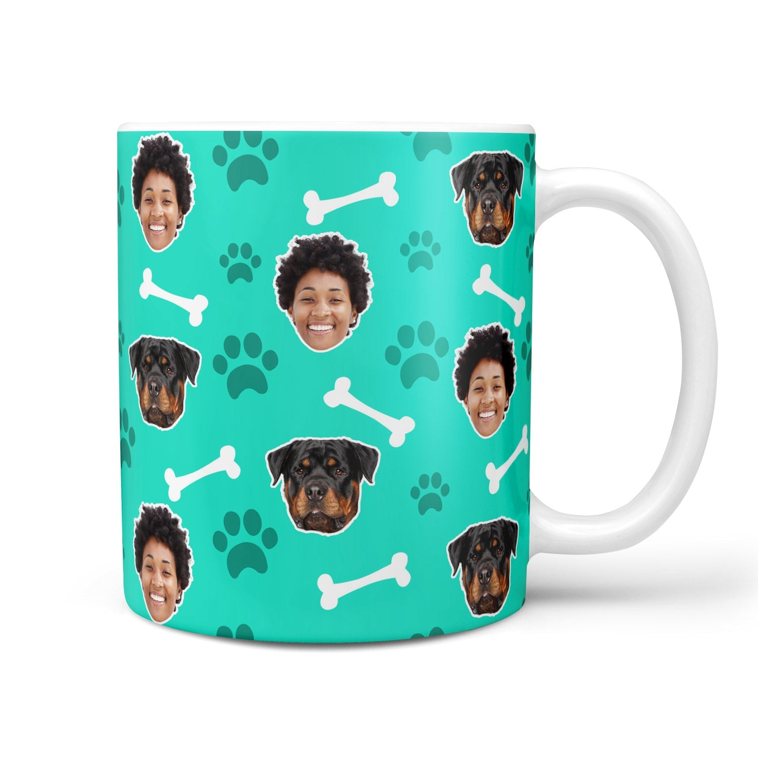 Mug with dog and person pattern on a teal background