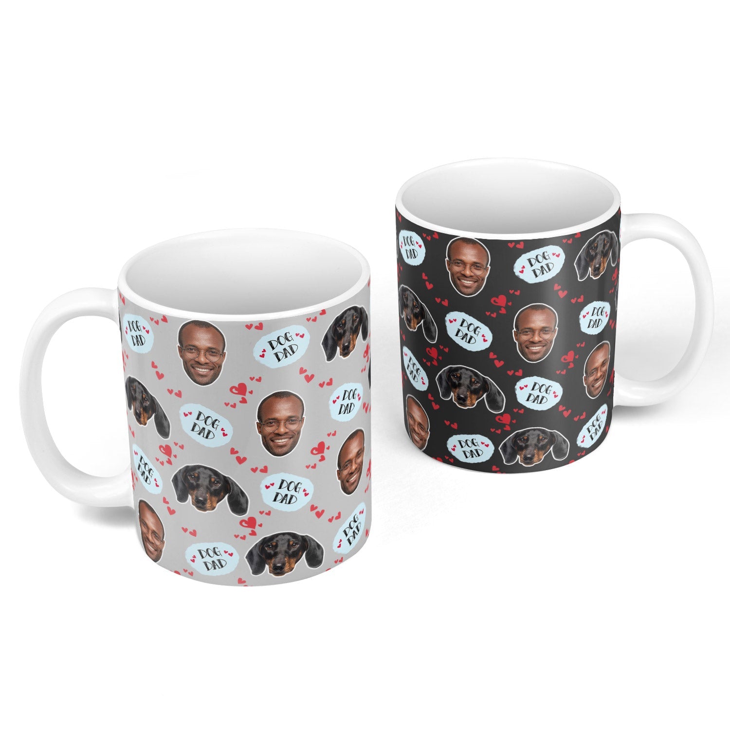 Two mugs with personalized designs featuring faces and text on a white background