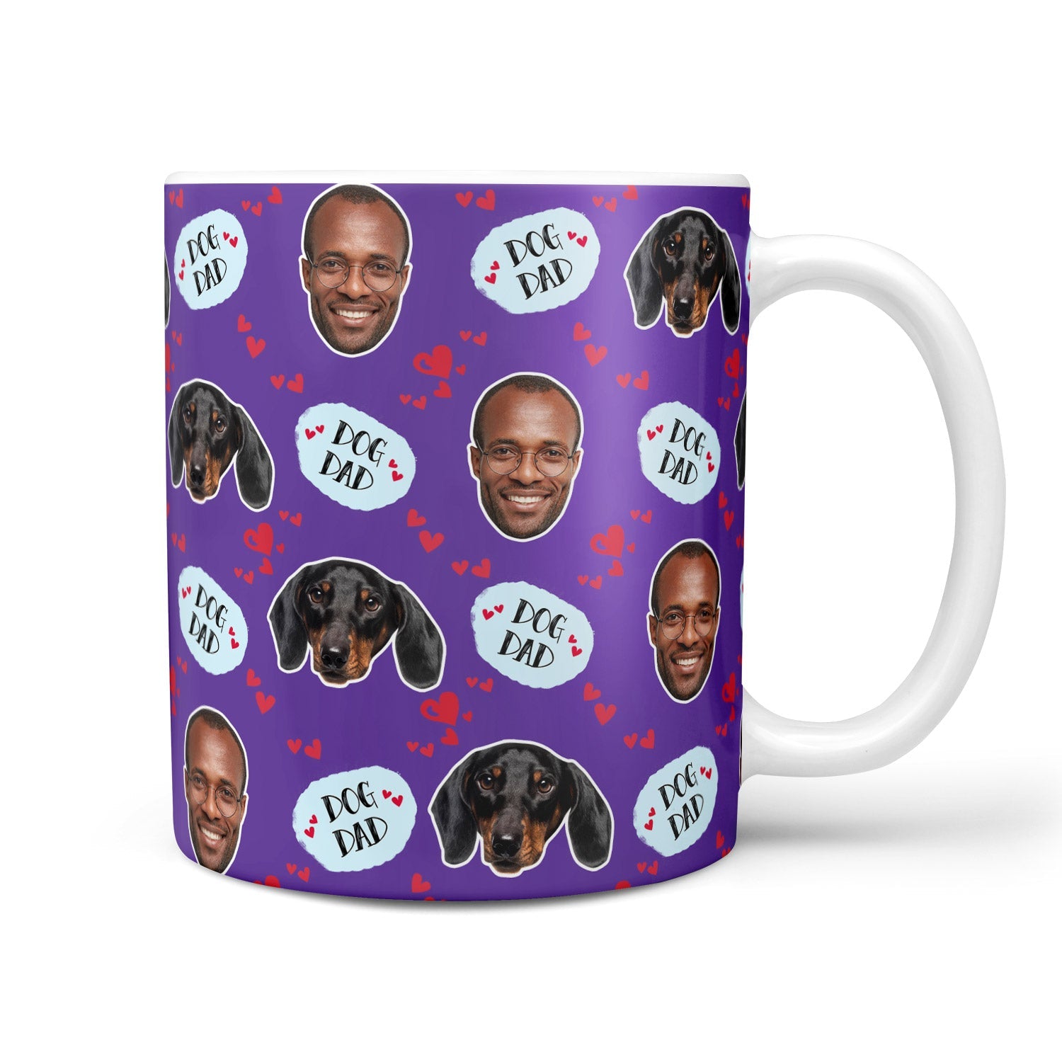 Mug with purple background featuring images of a man, dogs, and 'Dog Dad' text.