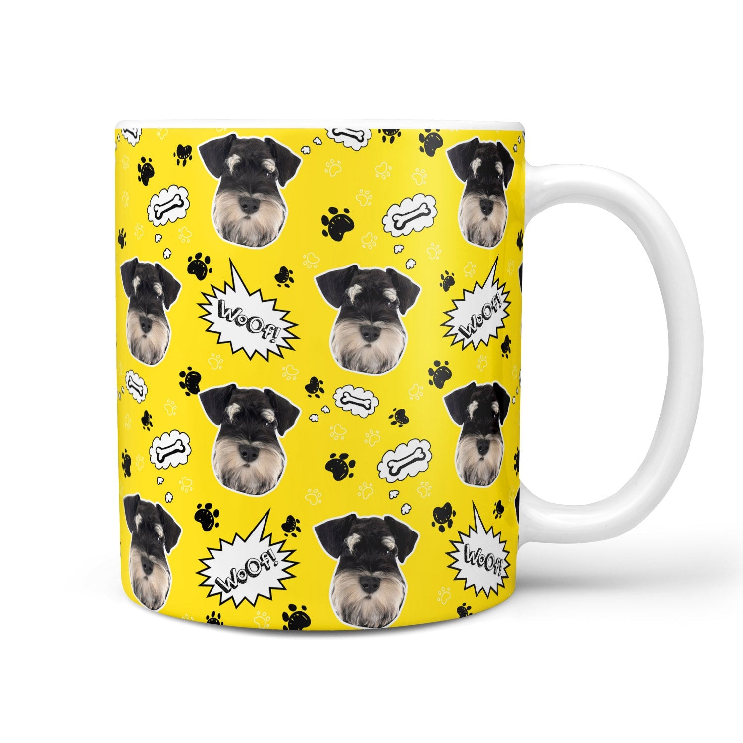Mug with schnauzer dog pattern on a yellow background