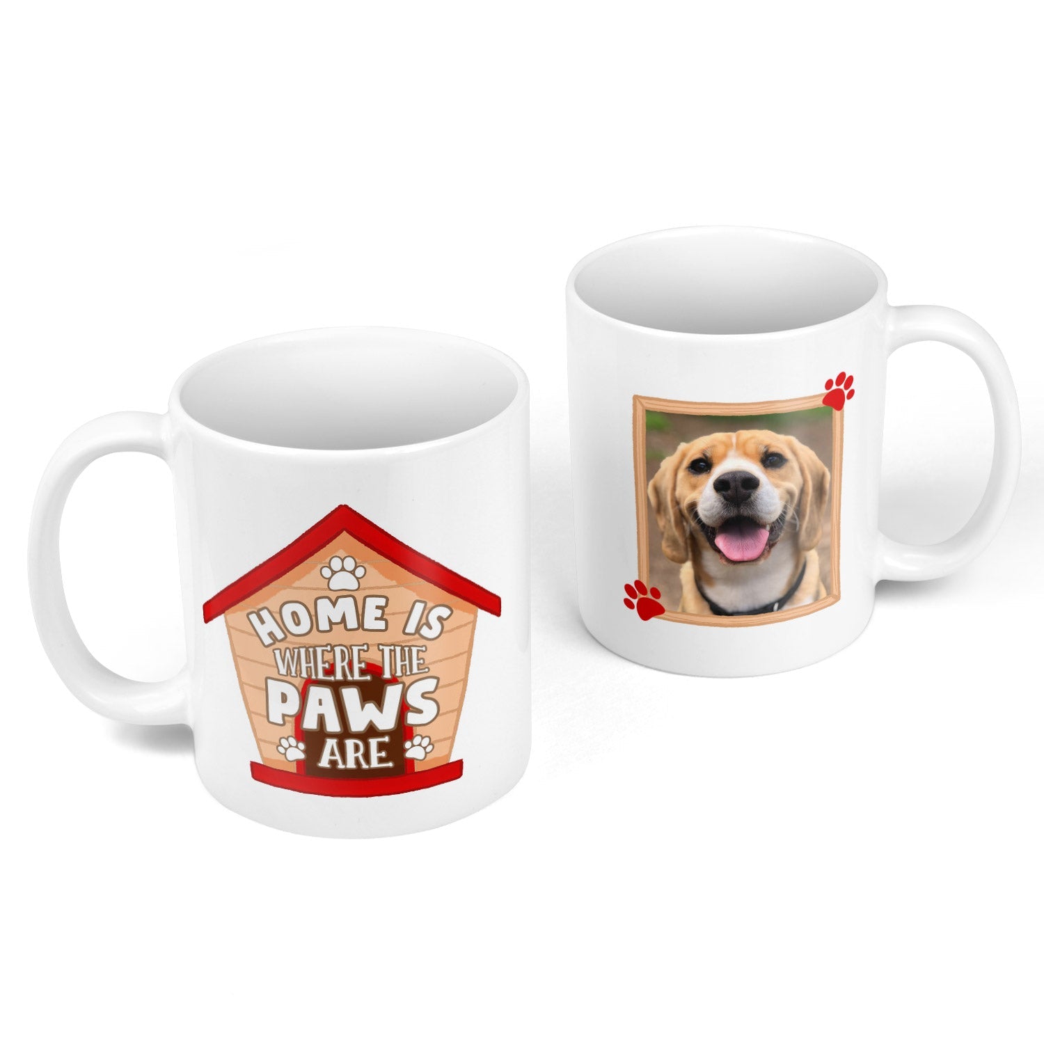 Two white mugs with a dog photo and 'Home is where the paws are' text on a white background
