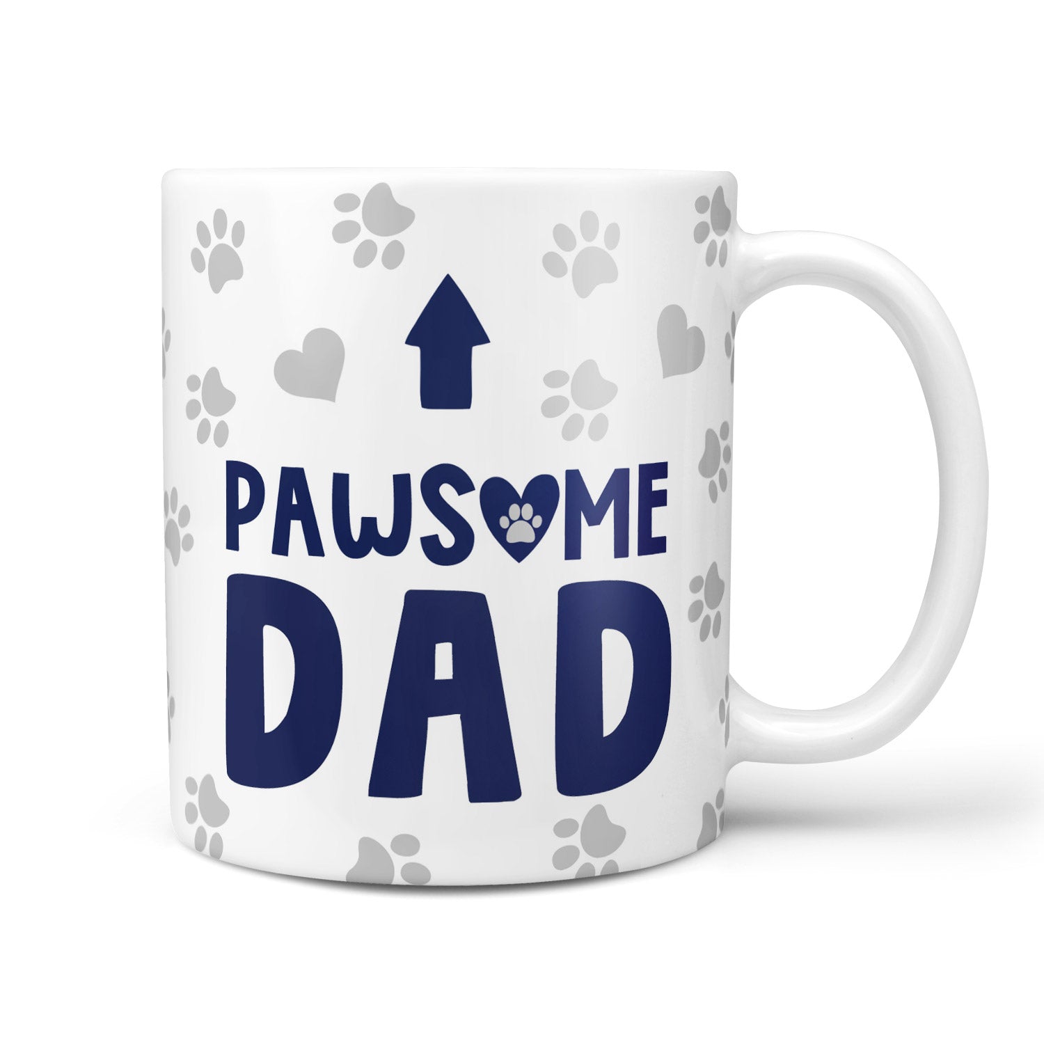 White mug with 'PAWSOME DAD' text and paw prints on a white background