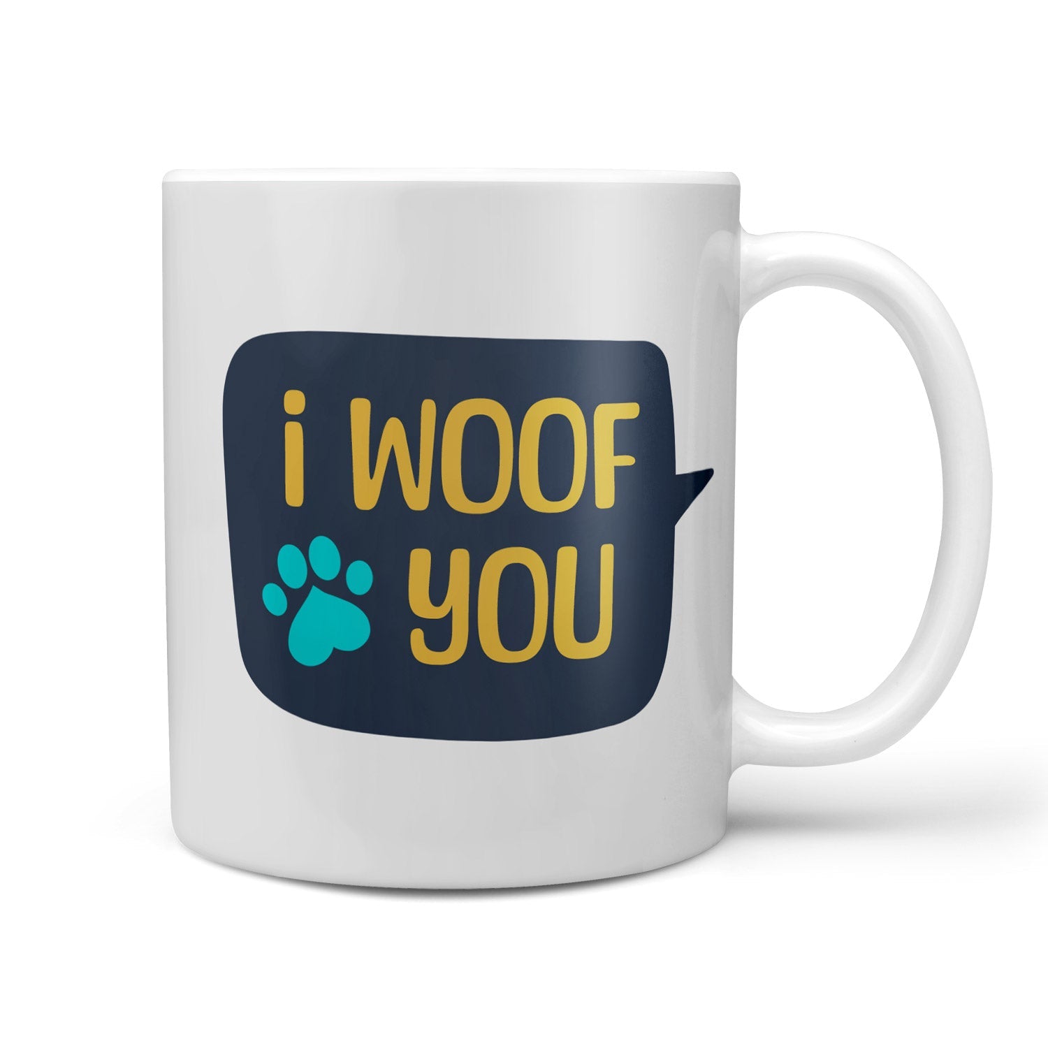 White mug with 'i woof you' text and paw print on a white background