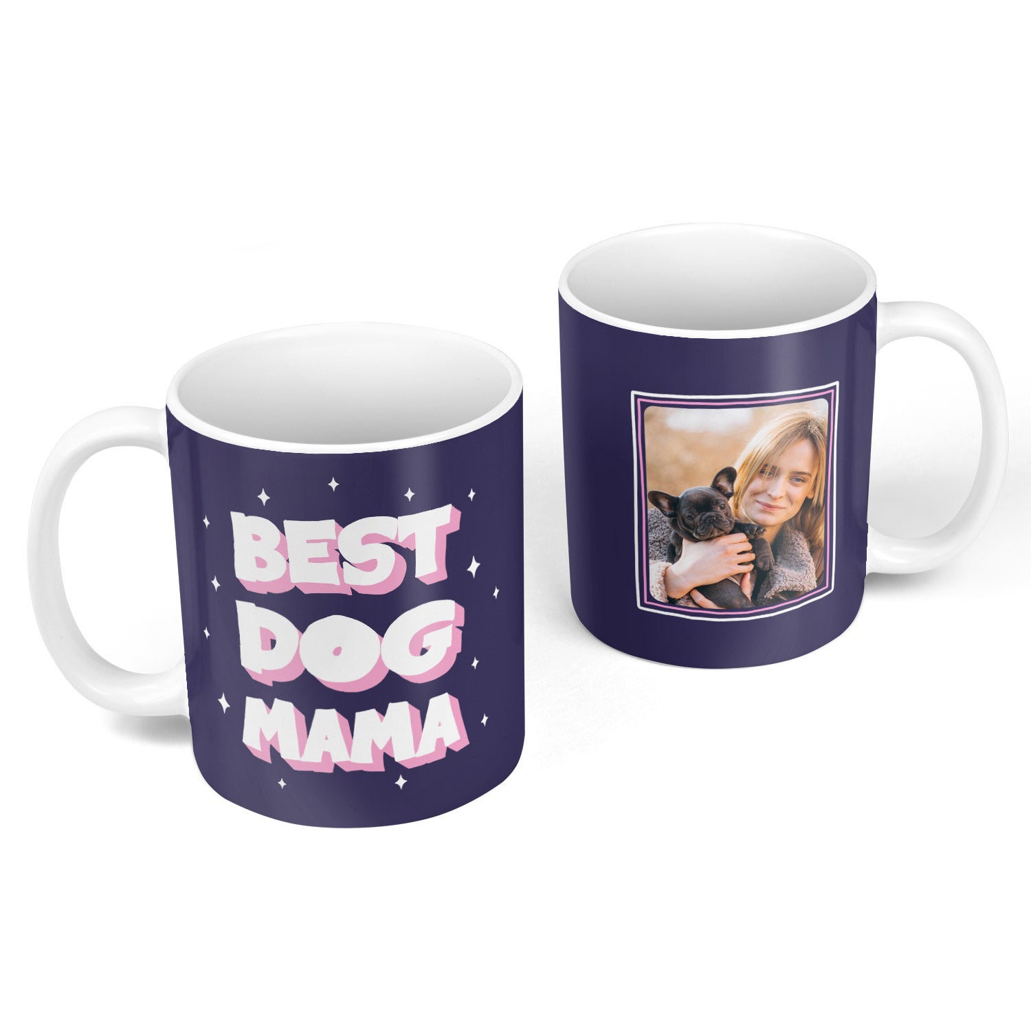 Two mugs, one with 'Best Dog Mama' text and the other with a photo of a woman holding a dog.