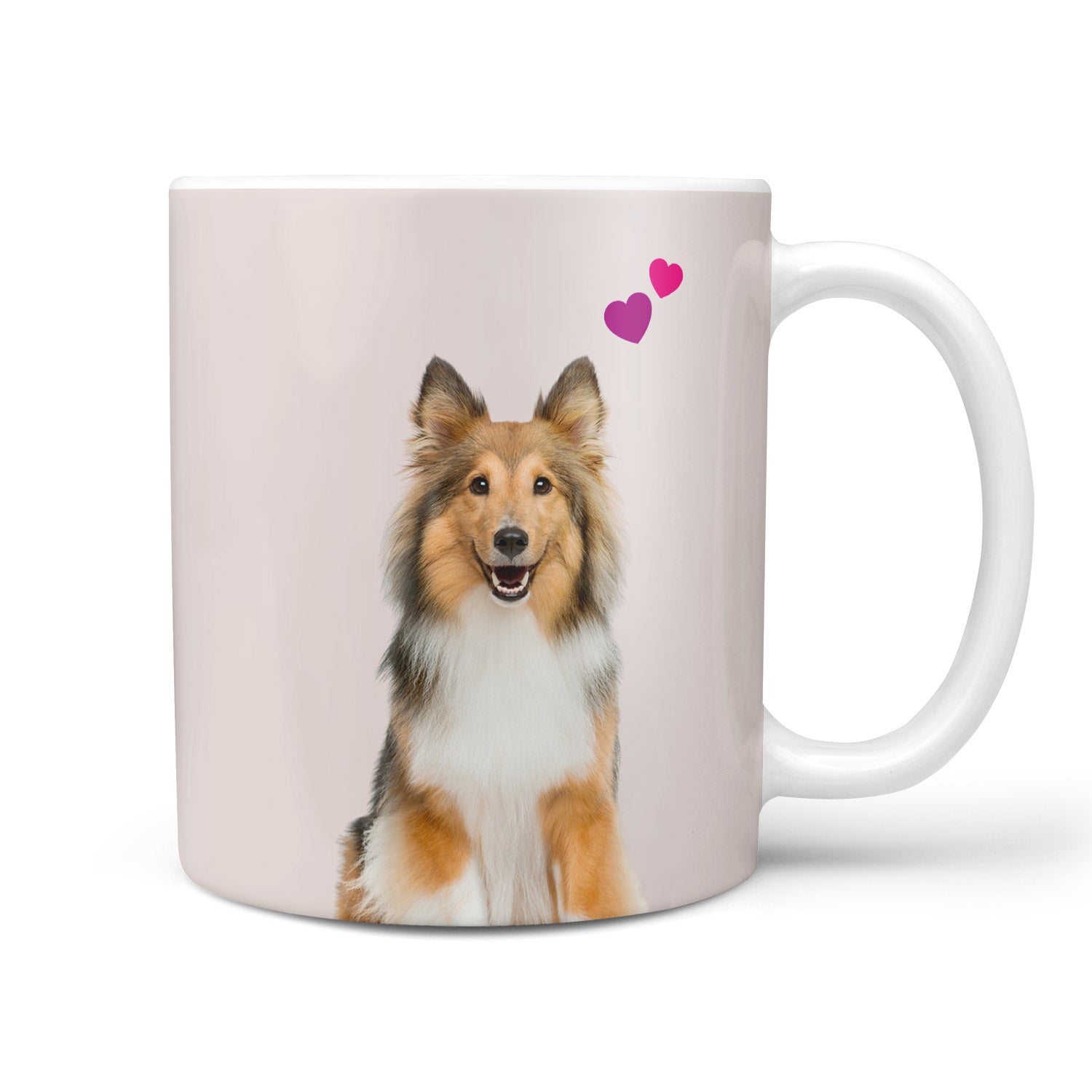 Mug with a collie dog illustration on a light pink background