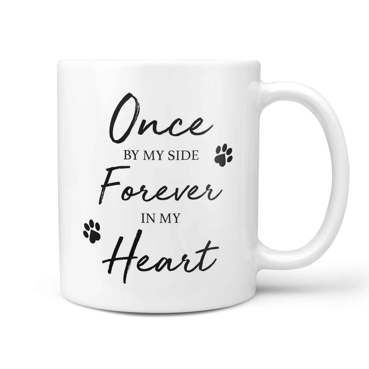 White mug with black text and paw prints on a white background