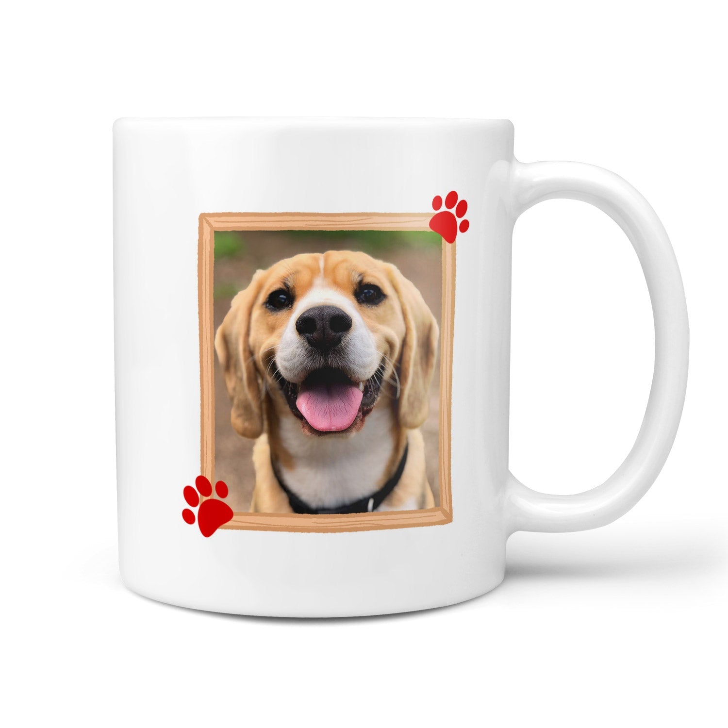 White mug with a dog photo and red paw prints on a white background