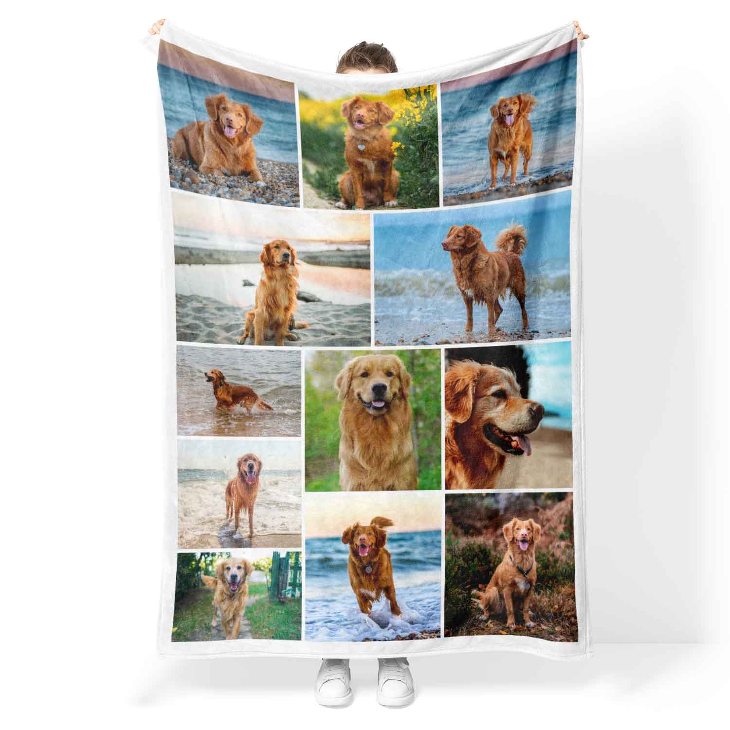 Blanket with multiple photos of a dog displayed on a white background