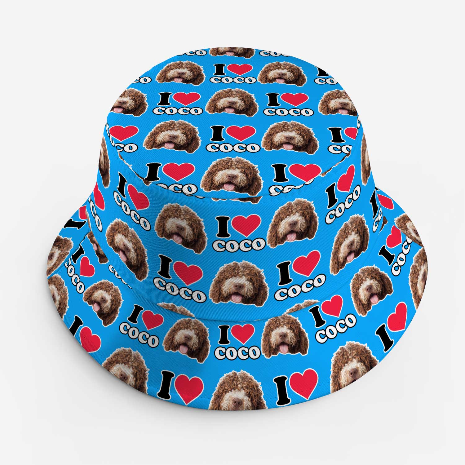 Bucket hat with 'I love Coco' pattern on a blue background