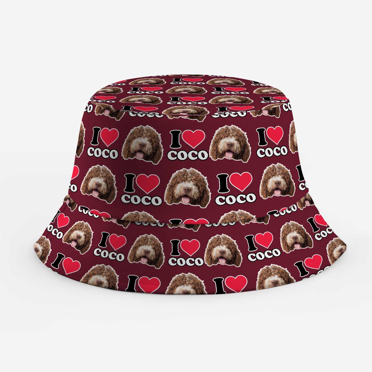 Bucket hat with 'I love Coco' pattern on a white background