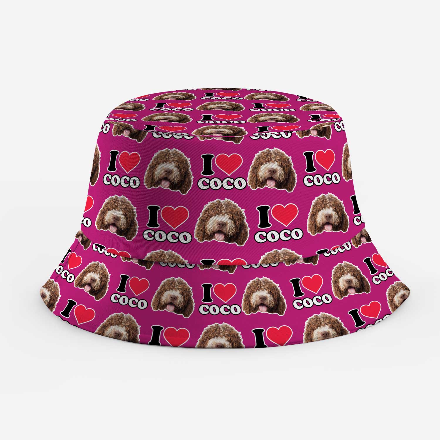 Bucket hat with 'I love Coco' pattern on a pink background