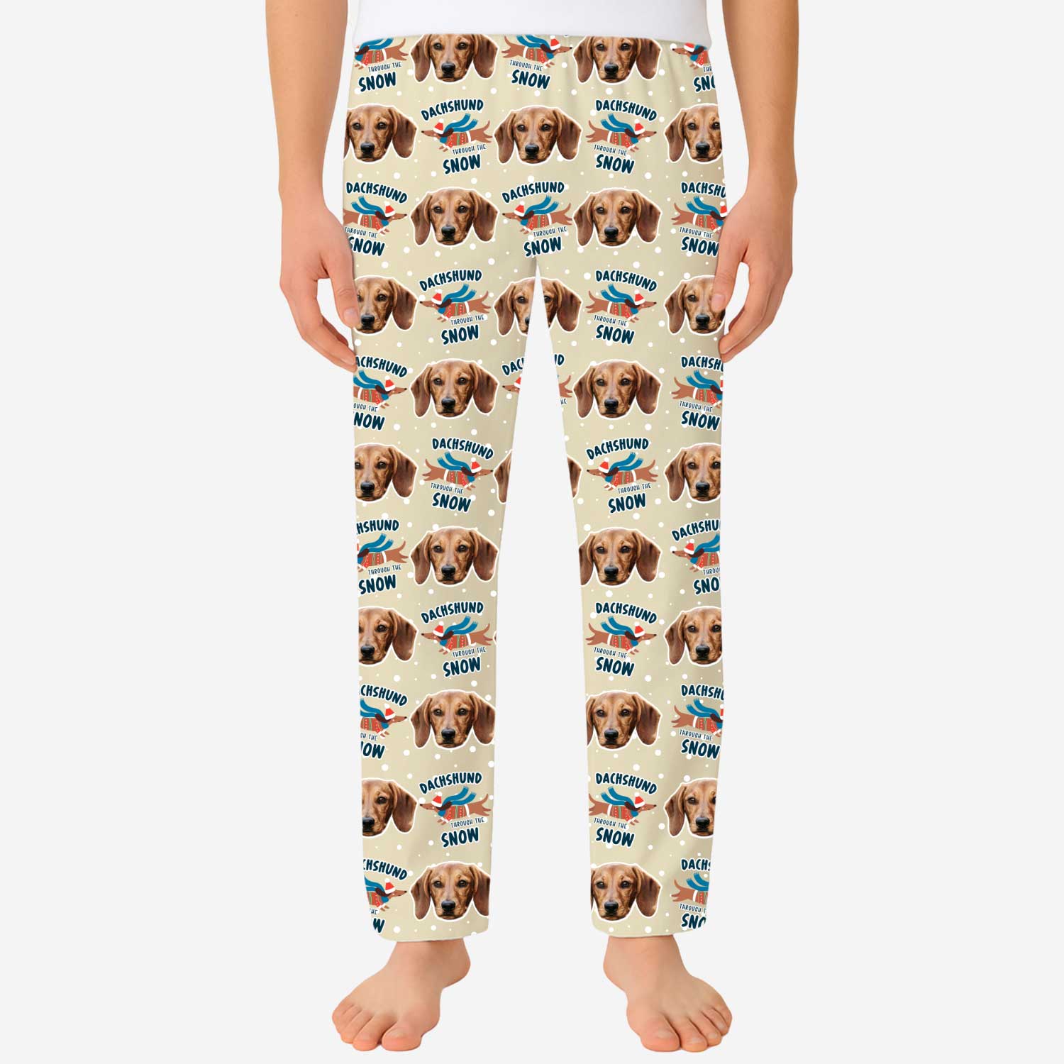 Pajama pants with dachshund dog pattern on a beige background