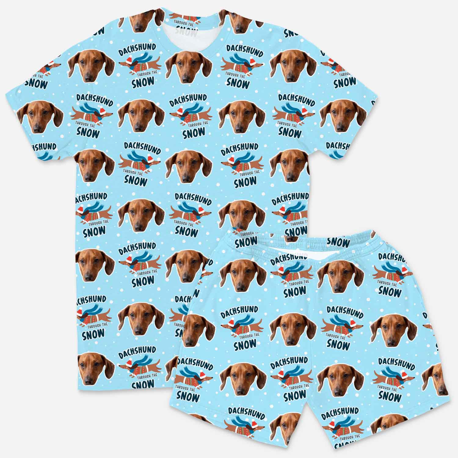 Blue t-shirt with Dachshund dog pattern on a white background