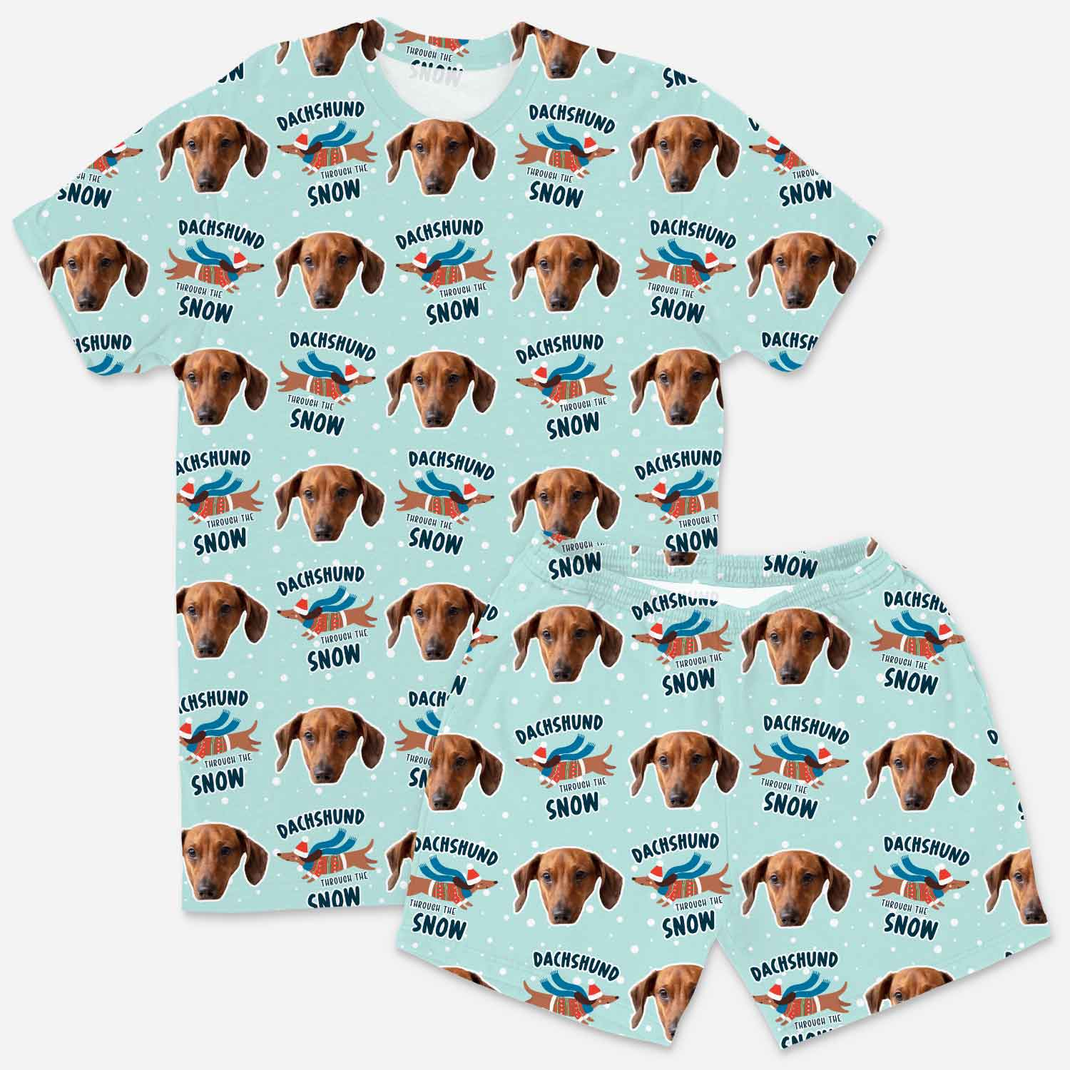 T-shirt with Dachshund pattern on a light blue background