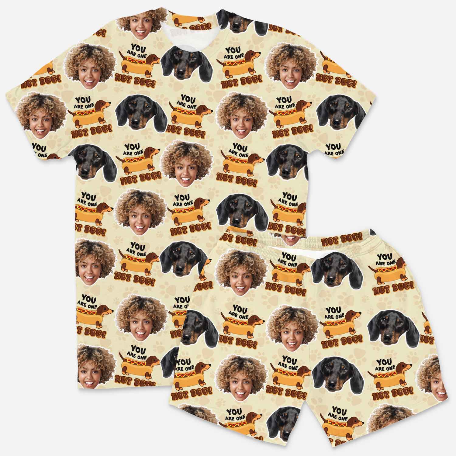 Matching pajama set with dog and person pattern on a beige background