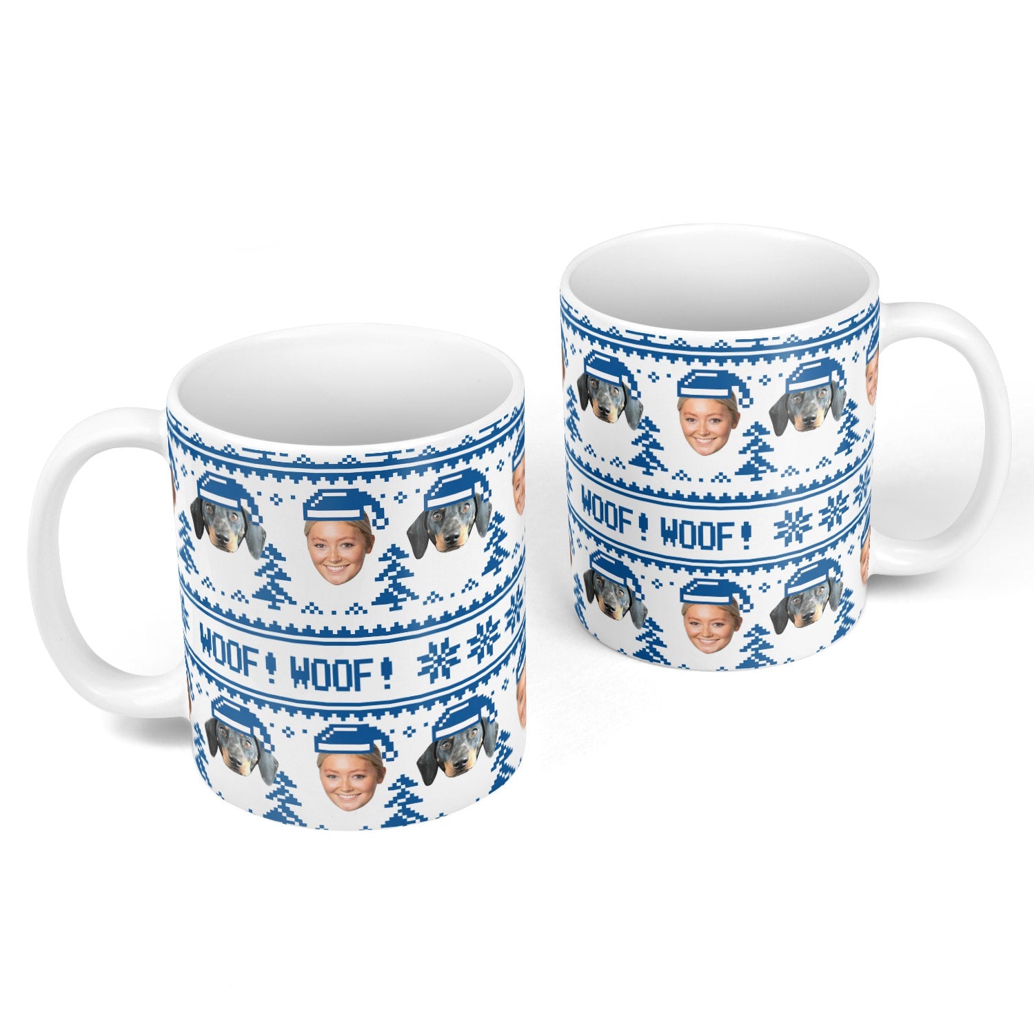 Two mugs with a blue and white pattern featuring dogs and 'WOOF! WOOF!' text on a white background.
