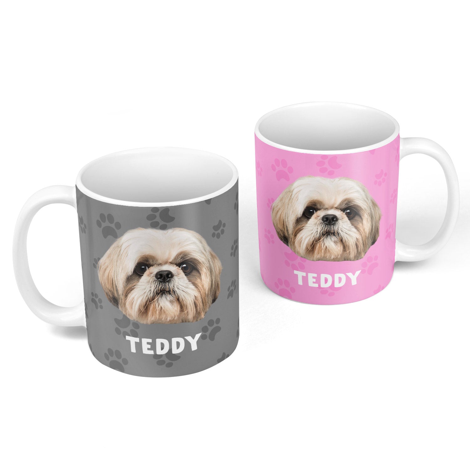 Two mugs with a dog's face printed on them, one gray and one pink, with 'TEDDY' printed below.