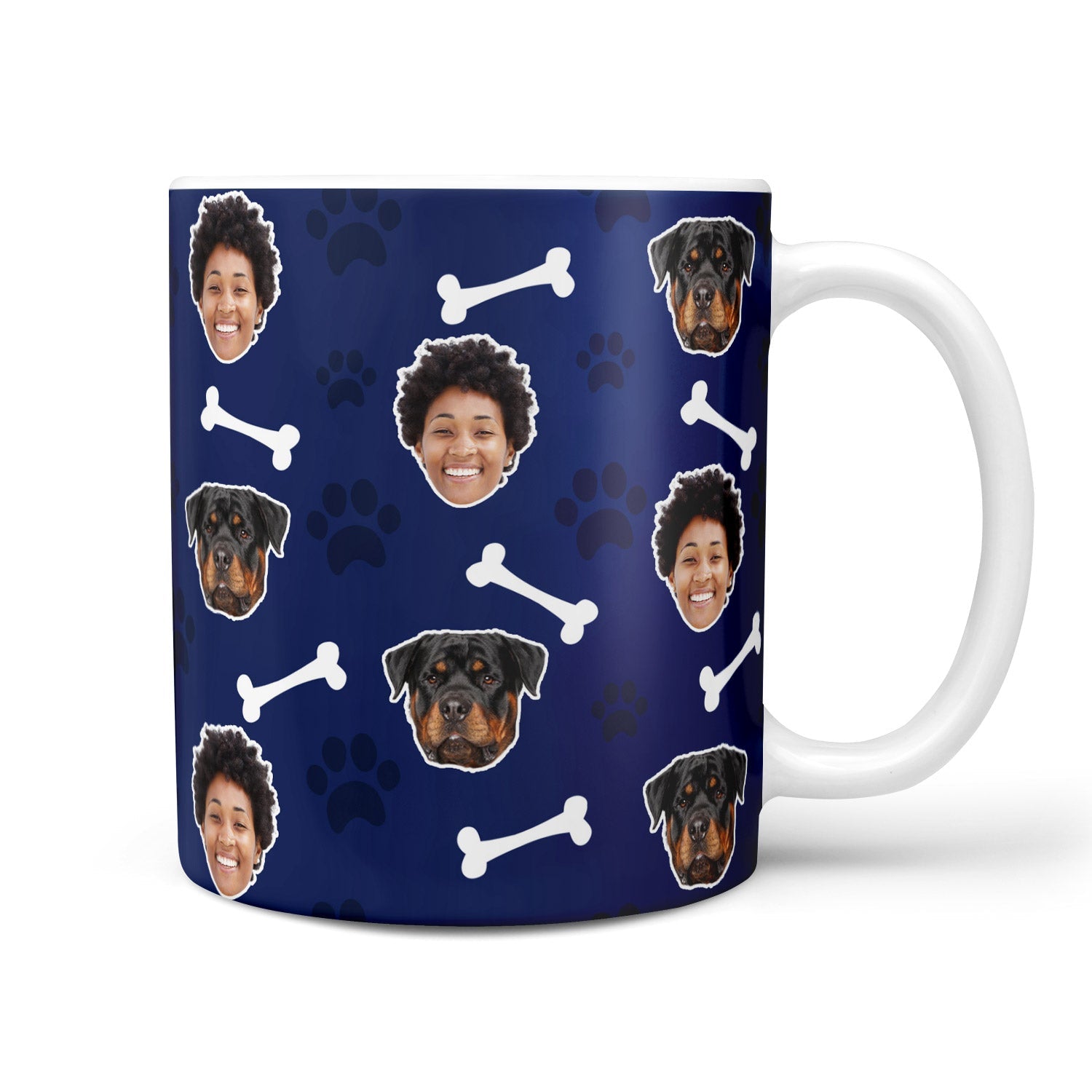 Mug with dog pattern including faces, bones, and paw prints on a blue background