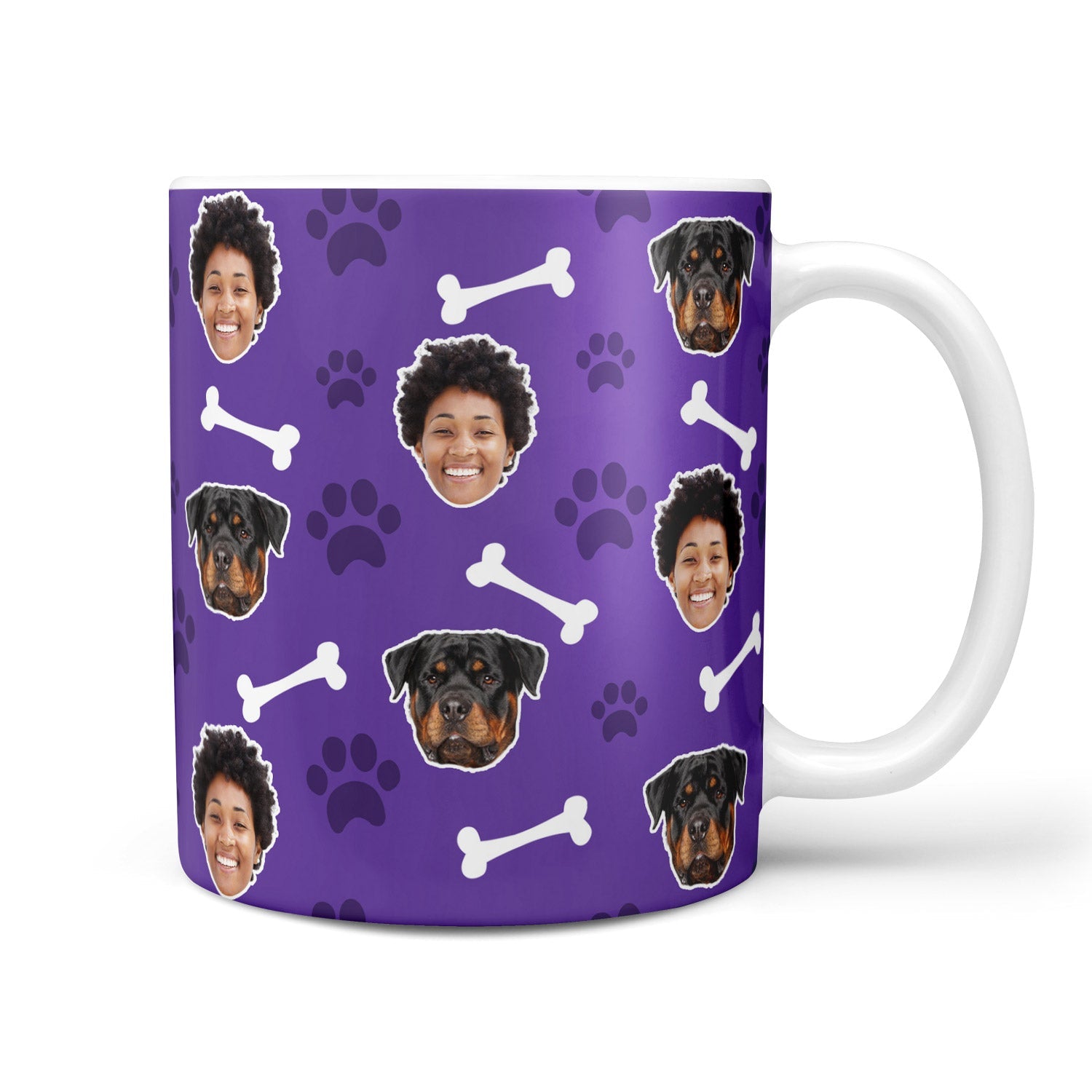 Purple mug with dog and person pattern on a white background