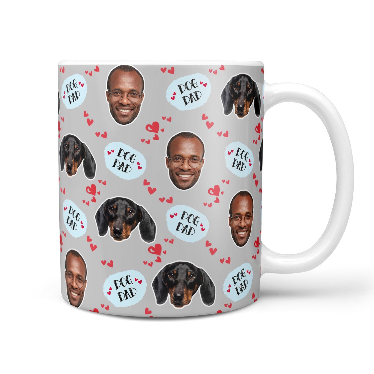 Mug with dog and 'Dog Dad' text pattern on a gray background