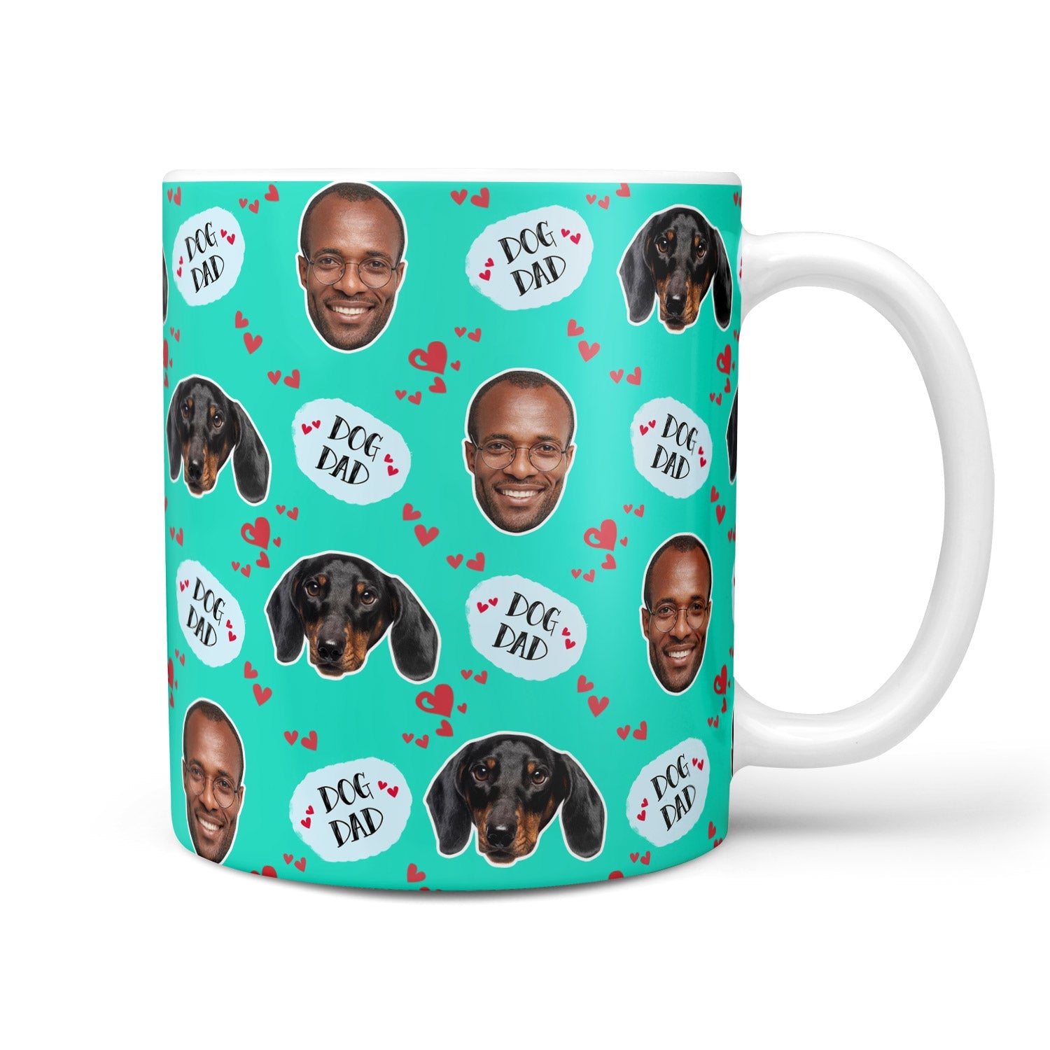 Mug with dog and 'Dog Dad' text design on a teal background