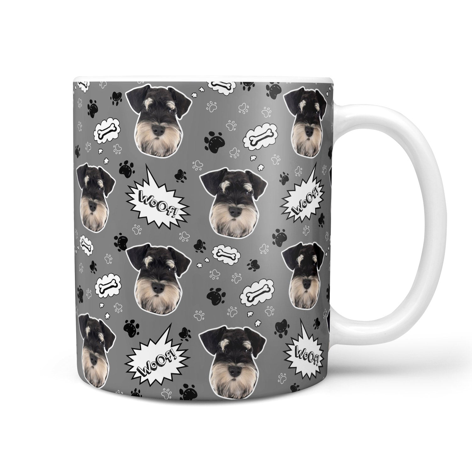 Mug with schnauzer dog pattern and 'woof' text on a gray background