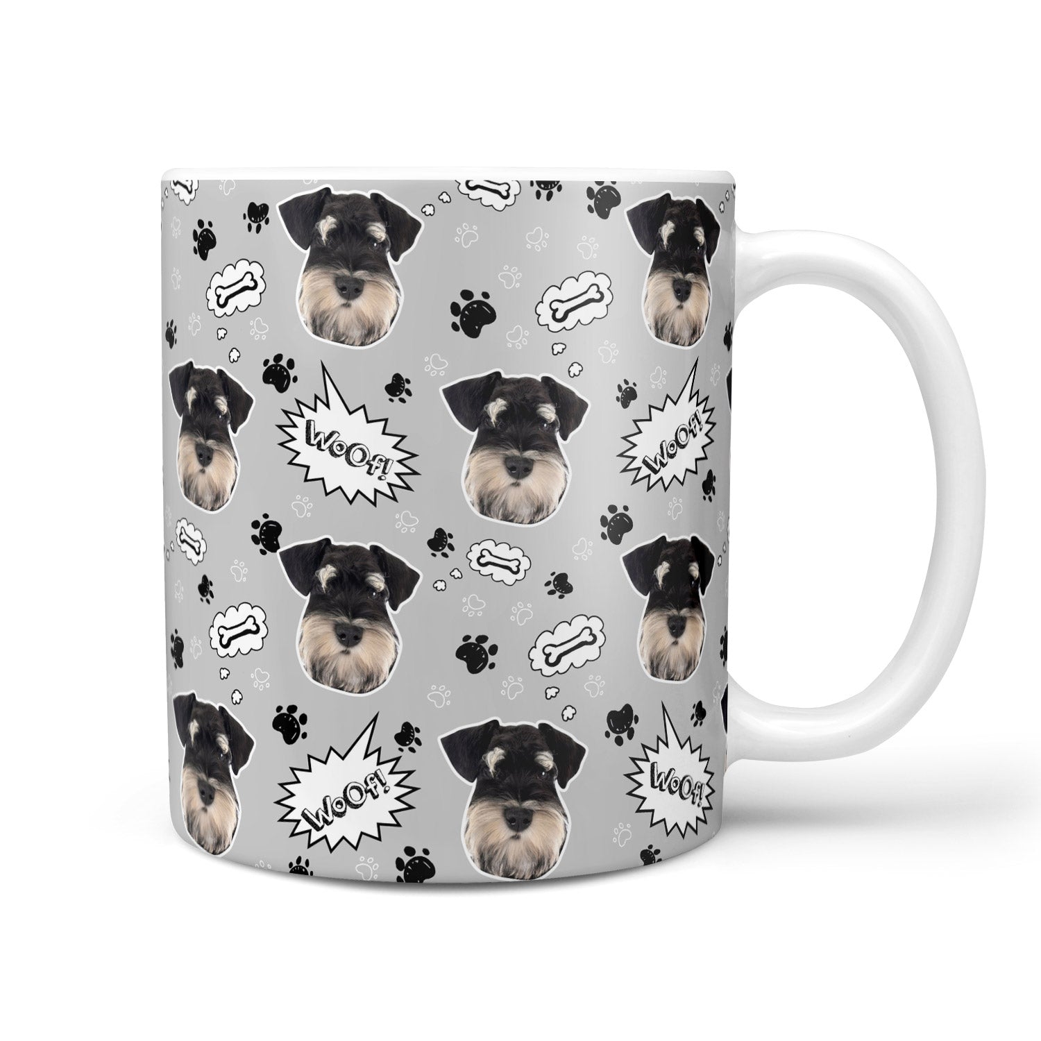 Mug with dog pattern and text on a gray background
