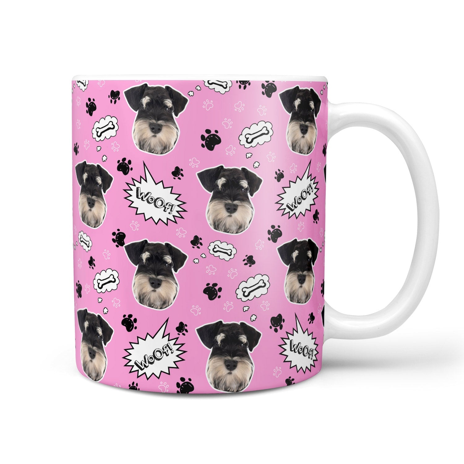 Mug with dog pattern and 'woof' text on a pink background