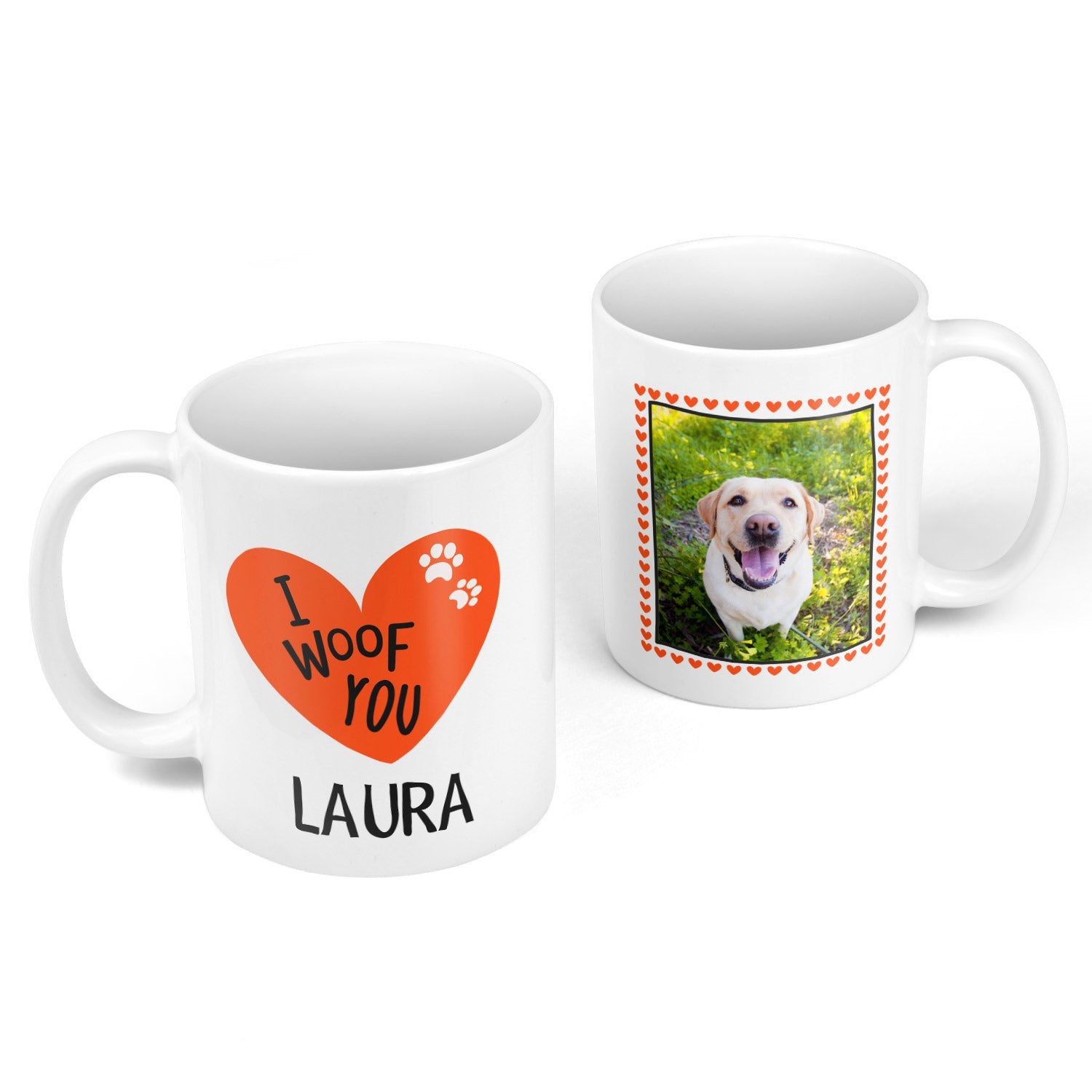 Two white mugs with personalized designs, one with a heart and paw print, and the other with a dog photo.