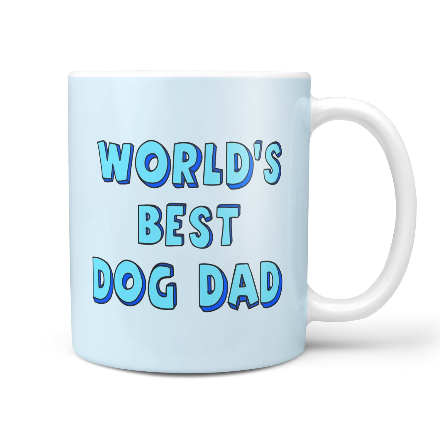Light blue mug with 'World's Best Dog Dad' text on a white background