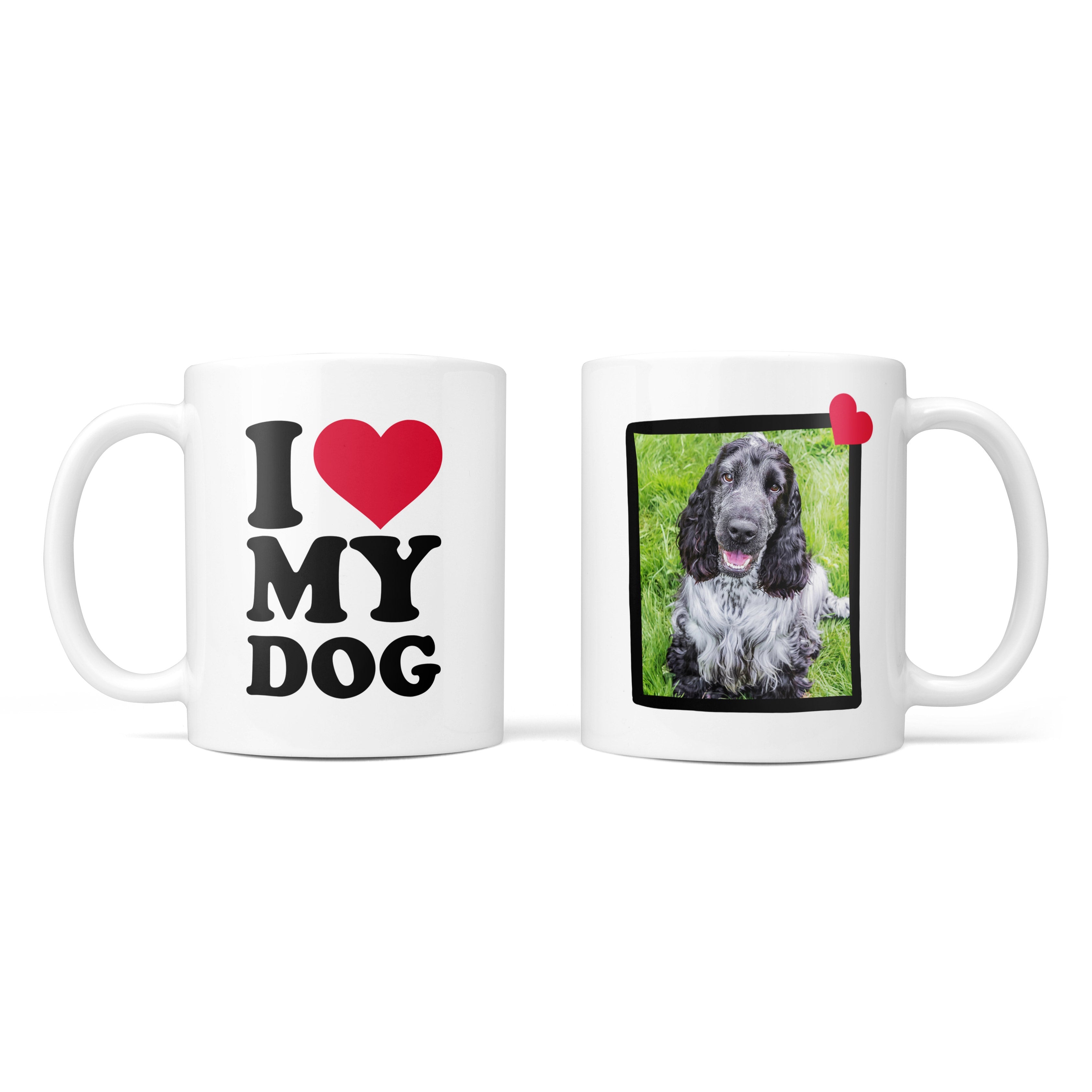 Two white mugs; one with 'I ❤️ MY DOG' text and the other with a dog photo.