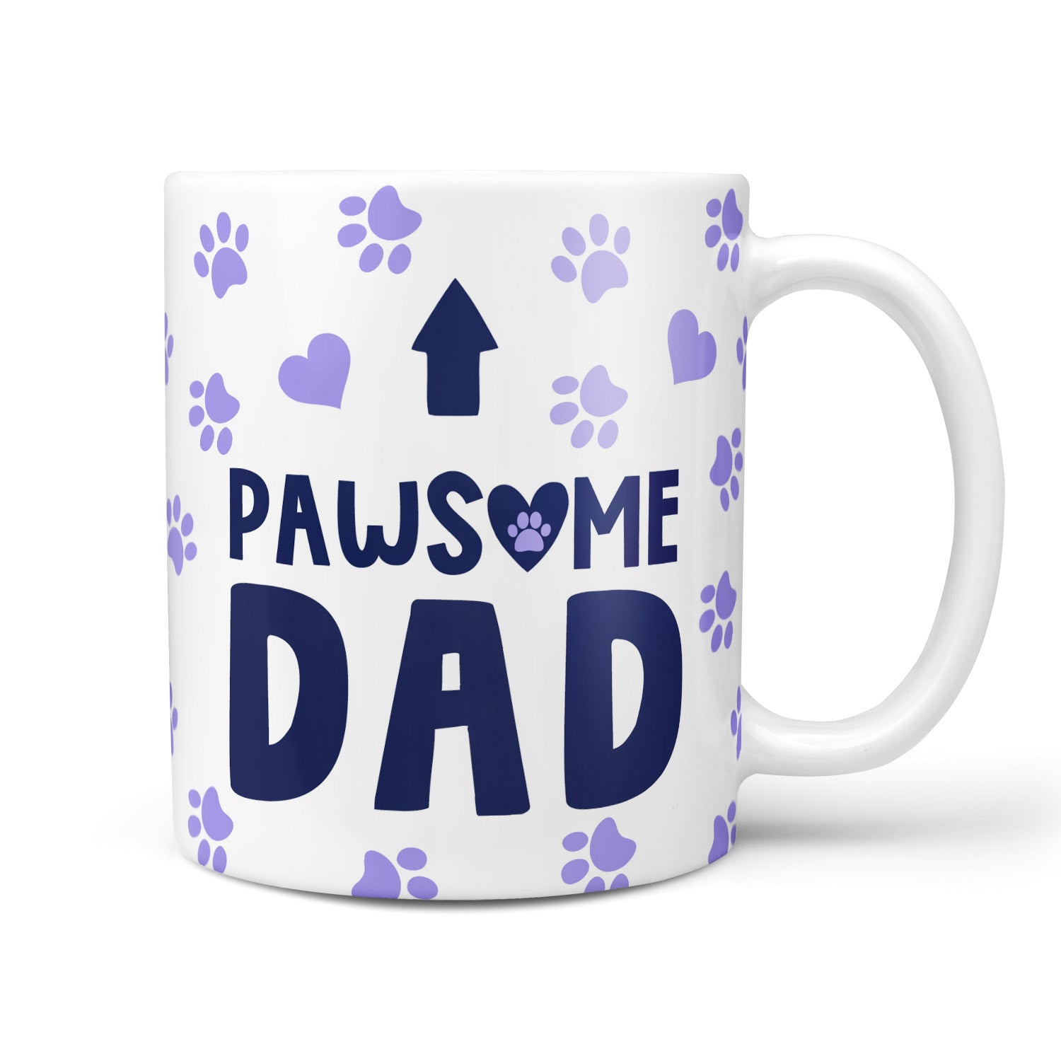 White mug with 'PAWSOME DAD' text and paw prints on a white background