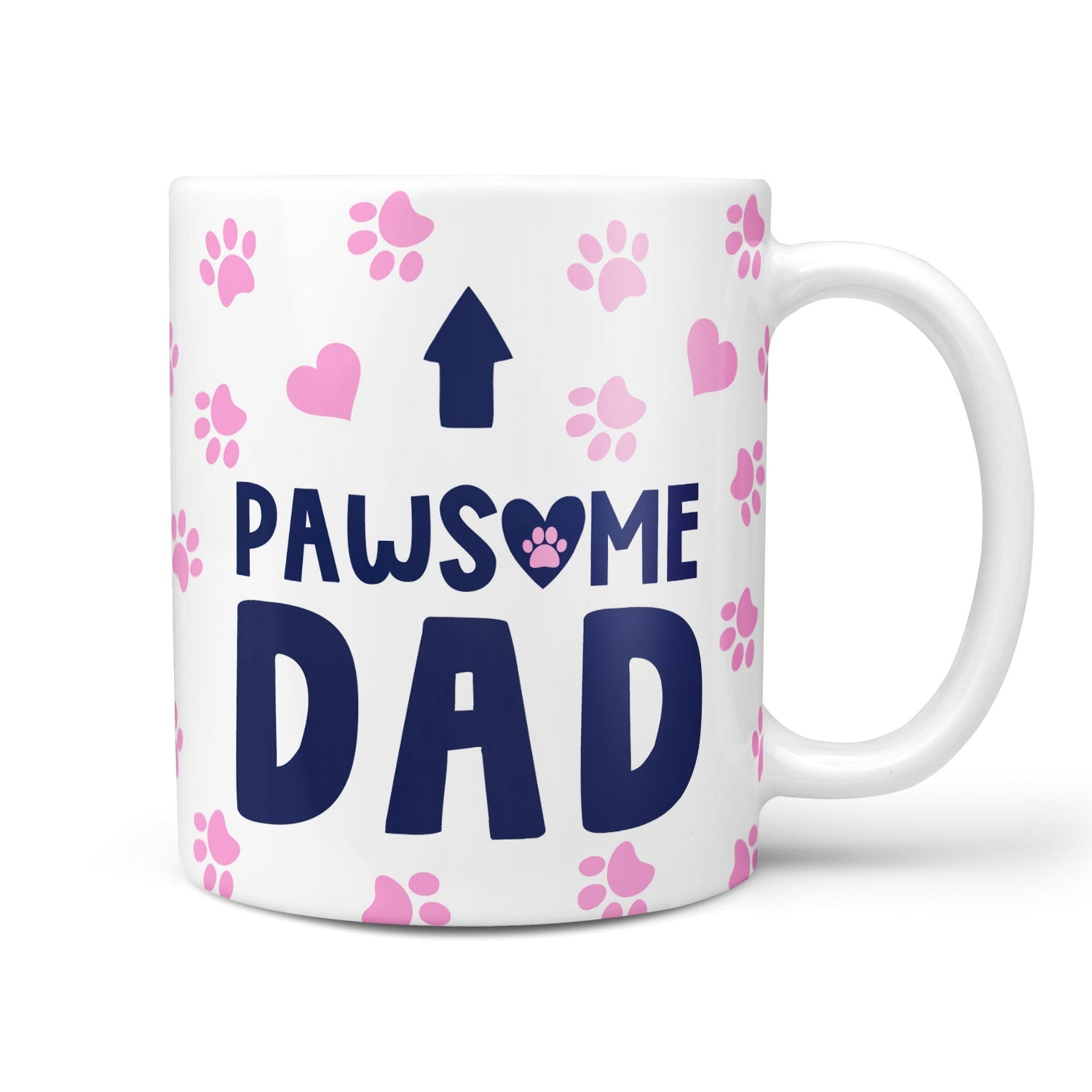 White mug with 'PAWSOME DAD' text and pink paw prints on a white background